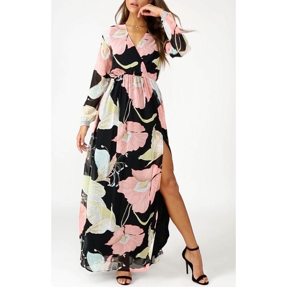 Lulus Wondrous Water Lilies Royal Black Floral Maxi Dress NWT Large MSRP $89